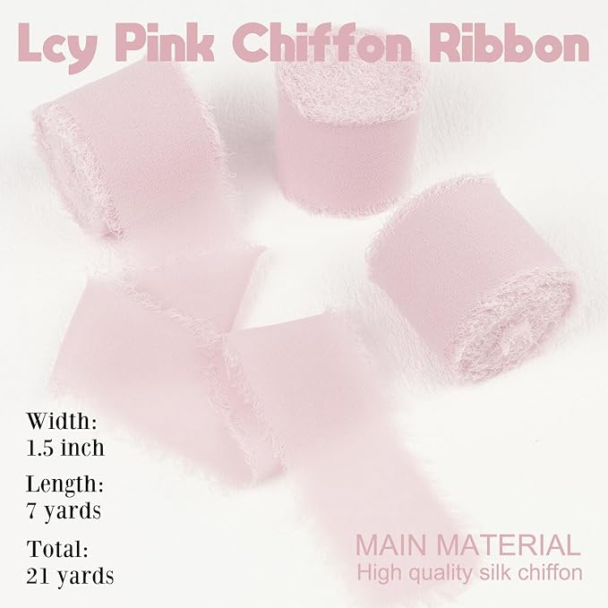 ICY Pink Chiffon Ribbon 1-1/2 Inch x 21 Yards Handmade Fringe Chiffon Silk Ribbon Frayed for Wedding Invitation, Bridal Flower Bouquets, Gift Wrapping