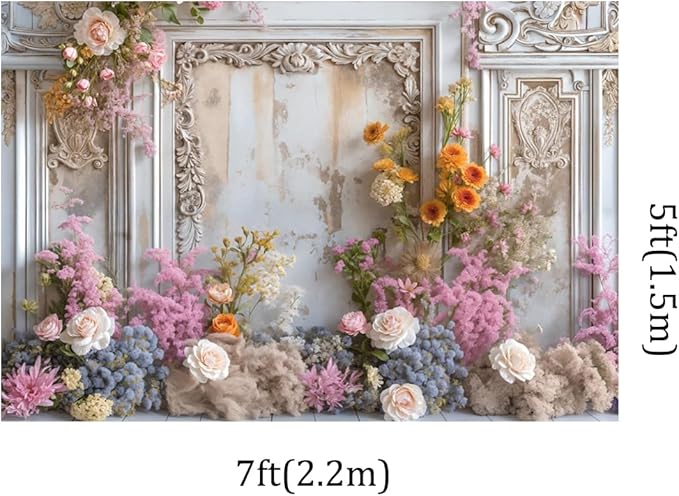 Kate 7x5ft Frame Style Retro Wall Wedding Portrait Photography Backdrops Colorful Fresh and Dried Flowers Romantic Sweetheart Birthday Photo Background