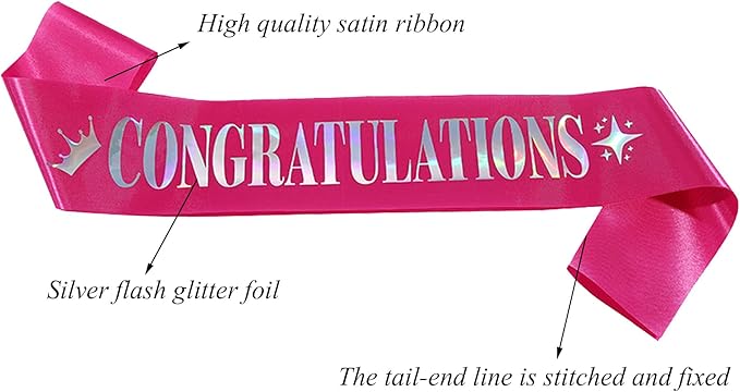 Congratulations Sash for Girl Women,Pink Satin Silver Multicolour Foil Glitter Sash,Birthday,Wedding, Retirement,Graduation,Job,Promotion Celebration,Award Ceremony,Baby Shower Party Decorations Gifts
