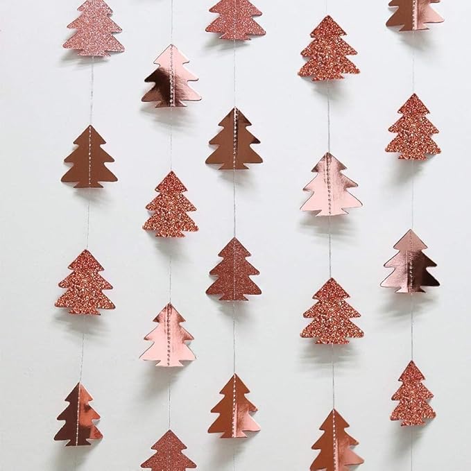 Cheerland Rose Gold Christmas Tree Garland Happy Holidays Banner Woodland Theme Party Decoration Xmas Hanging Backdrop Christmas Banner Wall Decor for Winter Birthday Party New Year Decorations