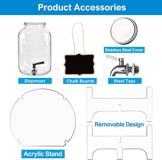 1 Gallon Glass Drink Dispenser with Acrylic Stand, Airtight & Leakproof Lemonade Sun Tea Jar with Lid and Spigot, Beverage Dispenser for Parties, Weddings, Lemonade & Laundry Detergent Dispenser