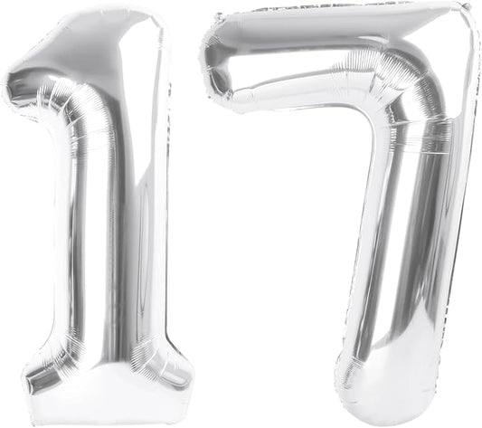 17 Balloon Number 40 Inch, Silver 17th Birthday Decoration for 1 7 17 71 Men & Women, Foil Big Number Balloon for Wedding Store Anniversary Promotion Party Decorations