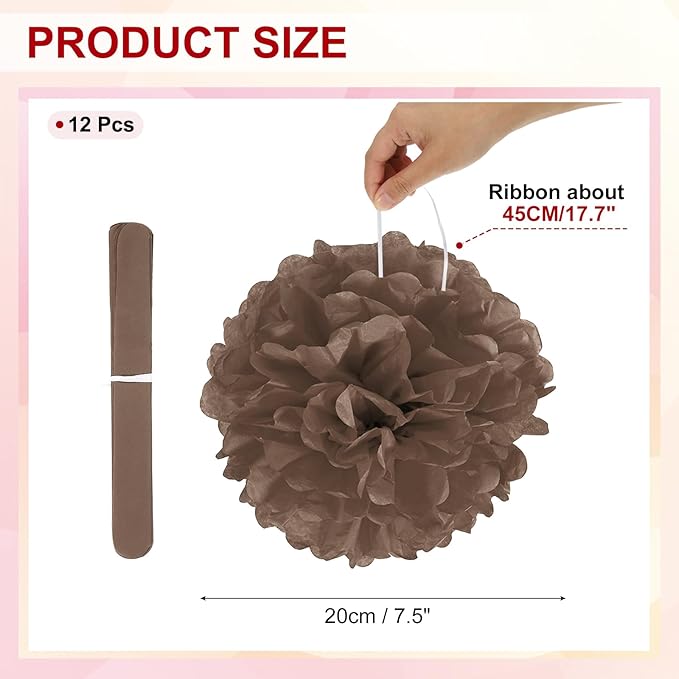 PATIKIL 8inch Tissue Paper Pom Poms, 12PCS Pom Poms Paper Flowers Ball Tissue Paper Flowers for Wedding Bridal Shower Birthday Bachelorette Party Backdrop Decoration, Brown