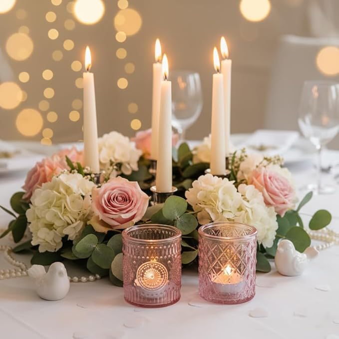 LETINE Set of 16 Pink Votive Candle Holders, Glass Tea Light Candle Holder with 4 Retro & Floral Patterns, Decorative Candle Holders for Parties, Spring Summer Wedding Table Centerpieces & Home Decor