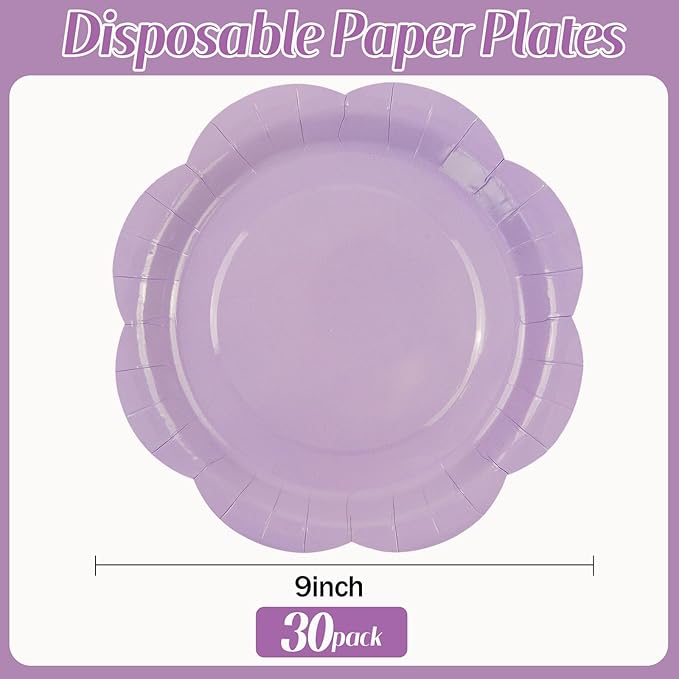 30 Pack Light Purple Paper Plates 9 Inch, Disposable Scalloped Plates Cake Dessert Plate for Dinner Baby Shower Wedding Bridal Shower Birthday Party Supplies (Light Purple, 9 inch)