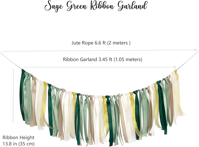ANSOMO Sage Green Ribbon Felt Ball Garland Fabric Pom Pom Banner Tan Brown Ivory Gold Birthday Bridal Baby Shower Wall Hanging Party Decorations Wild Safari Jungle Botanical Greenery Decor Supplies