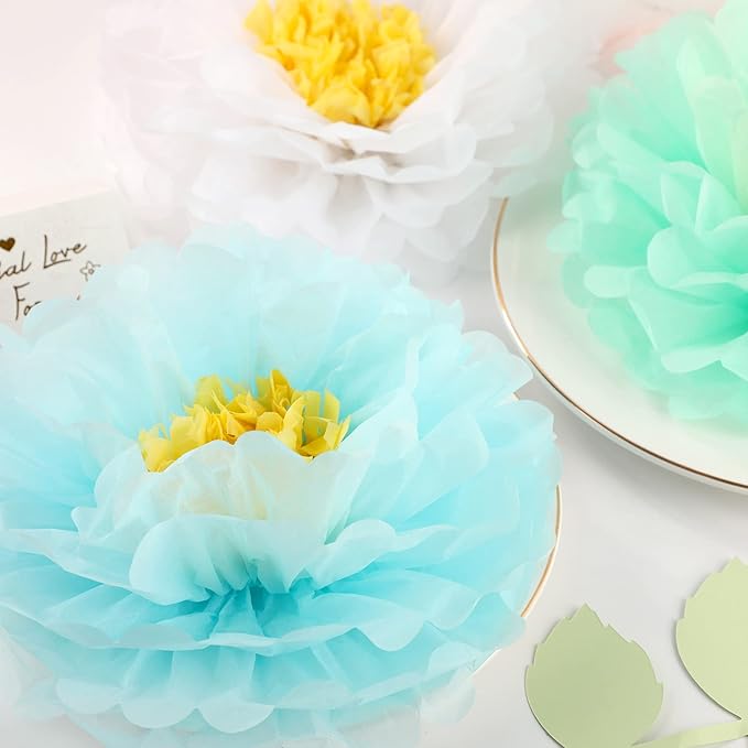 Fonder Mols Tissue Paper Chrysanth Flowers with Butterfly and Olive Leaves for Wedding Baby Shower Nursery Room Parties & Events Decorations Pom Poms (White Mint Baby Blue)