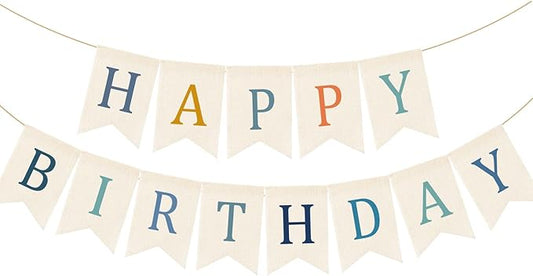 Doumeny Happy Birthday Burlap Banner Boho Birthday Bunting Garland Blue Bohemian Sign Flag White Birthday Hanging Banner Pastel Rainbow Party Decor for Home Mantel Fireplace Nursery Party Backdrop