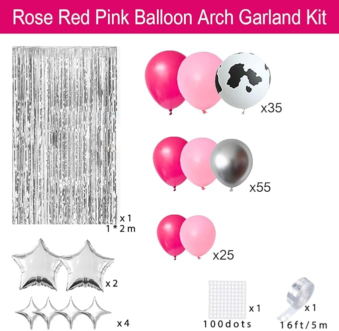 Pink Silver Balloon Garland Arch Kit - Rose Red Hot Pink Silver Balloons Cow Print Balloon for Western Cowgirl Birthday Bridal Shower Wedding Bachelorette Party Decorations