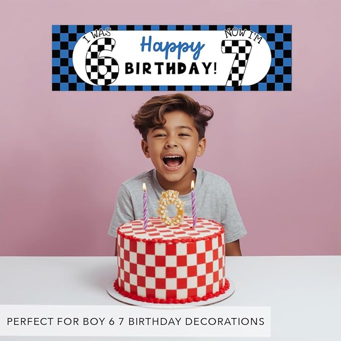 Andaz Press 13x48 Inch 6 7 Birthday Banner Decorations, I Was 6 Now I'm 7 Birthday Banner Blue Checkered 67 Happy Birthday Party Banner for Boys or Girls, Home or Party Decor Backdrop Sign