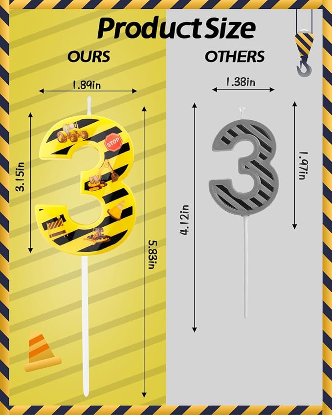 Number 3 Construction Birthday Candle, 2.68 Inch Yellow and Black Striped Candle, Birthday Candles Numbers Construction Cake Topper for Boys Girls, Construction Birthday Party Supplies Decorations