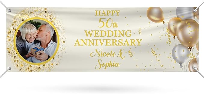 Happy Anniversary Banner Personalized Name Photo Custom Wedding Celebration Banners and Signs Customize Decoration for Couple 6'x2'