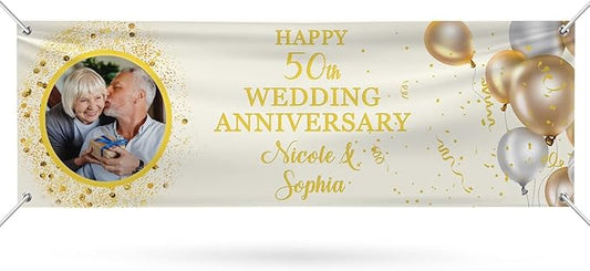 Happy Anniversary Banner Personalized Name Photo Custom Wedding Celebration Banners and Signs Customize Decoration for Couple 6'x2'
