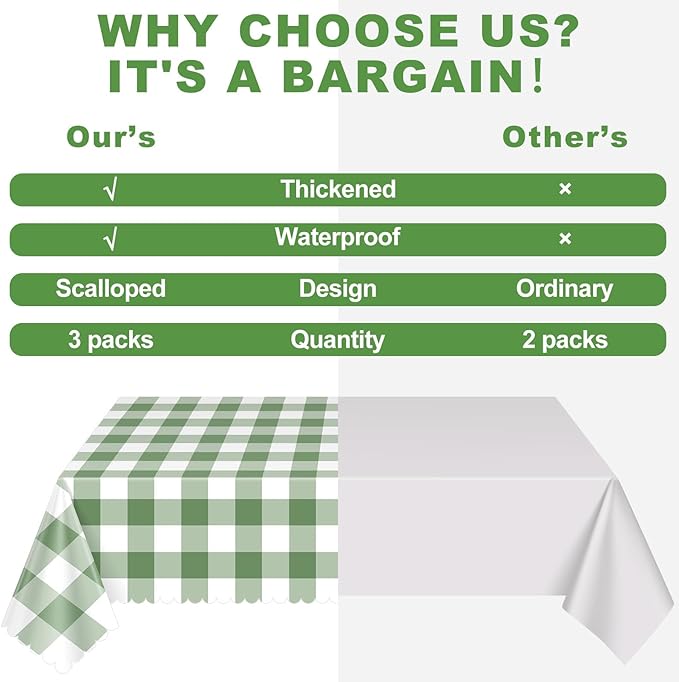 3 Pack Sage Green Gingham Tablecloths, 54 X 108Inch Scalloped Green and White Checkered Tablecloth Disposable Party Table Cover for Baby & Bridal Shower Picnic Camping Birthday Barbecue Wedding Party