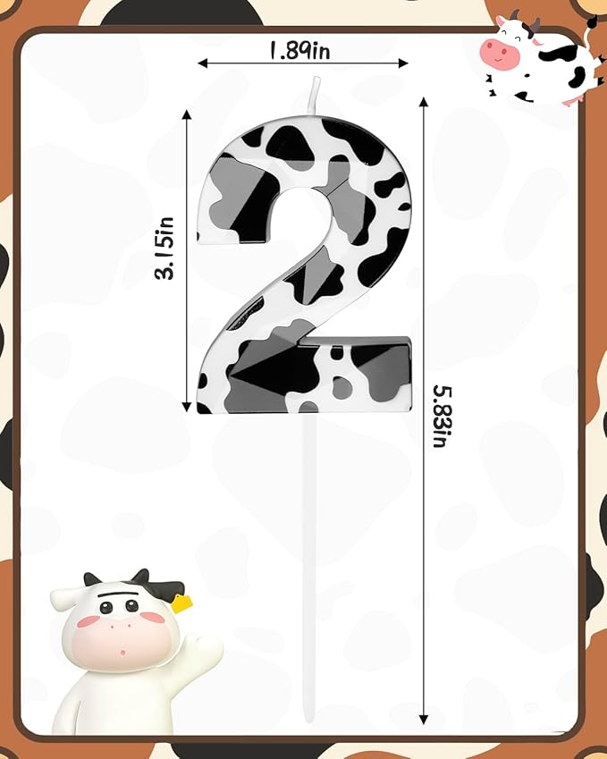 Number 2 Black Cow Birthday Candles，2.68 inch Metallic 3D Cow Birthday Candles, Cow Themed Cake Topper Decorations for Birthday Party Anniversary Celebration Supplies