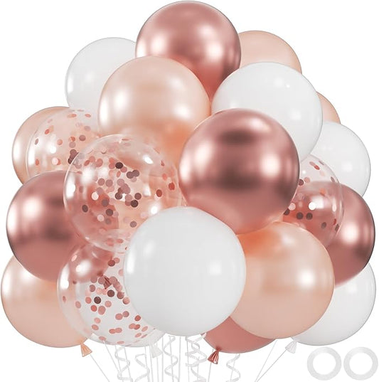 60pcs Rose Gold confetti Balloons, 12 inch White and Rose Gold Confetti Party Balloons for Wedding, Bridal Baby Shower, Princess Birthday, 2026 Graduation Party Decorations