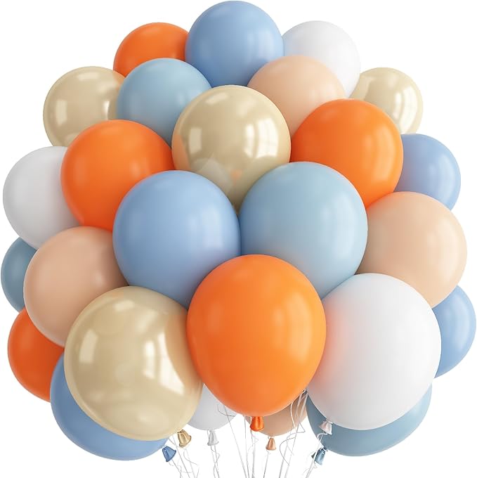 Blue and Orange Baby Shower Balloons Desorations, Pastel Dusty Blue Orange Nude Light Gold Latex Balloons Set for Kids Birthday Baby Shower Graduation Summer Beach Pool Carnival Sport Party Decor