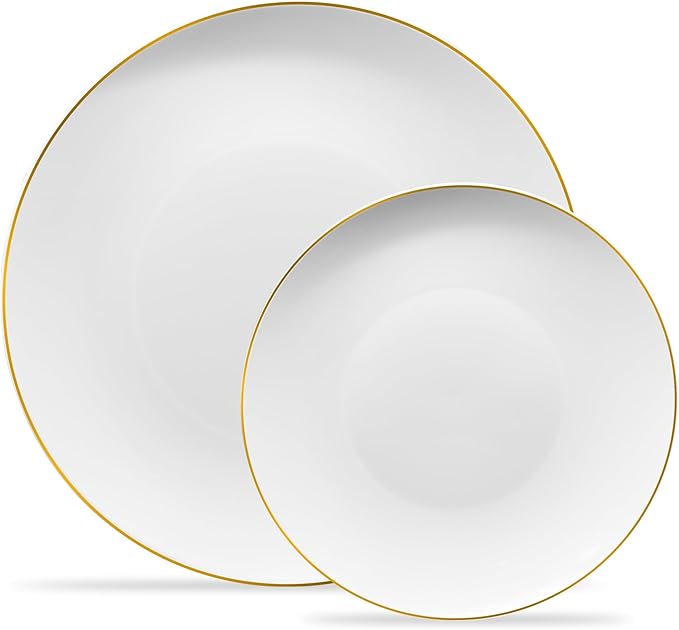 PLASTICPRO 32 Piece Combo Plates Set includes 16-7'' inch Plate & 16-10'' inch Plates White Plastic Organic Party Plate With Gold Rim, Premium heavyweight Elegant, Tableware, Dishes,