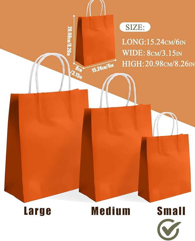 qiqee 24PCS Small Gift Bag with Handles Bulk 8.3"x6"x3" Gift Bags Orange Bags Multiple Uses (Small Size)