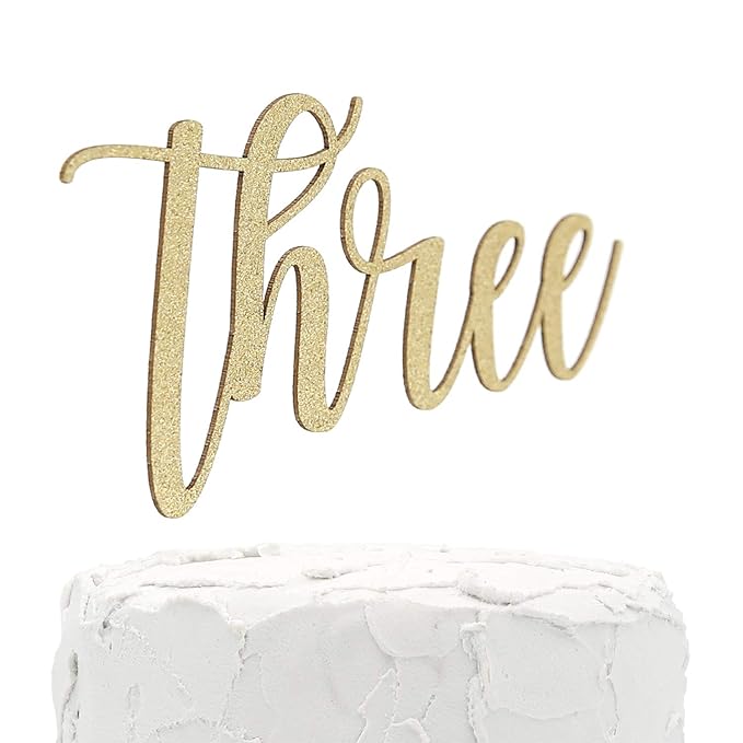 3rd Birthday Cake Topper - Three - Double Sided Gold Glitter - Premium Quality Made in USA
