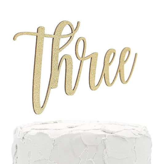 3rd Birthday Cake Topper - Three - Double Sided Gold Glitter - Premium Quality Made in USA