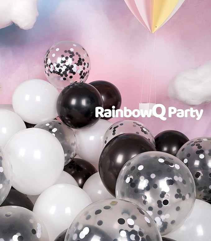 Metallic Shiny Black and White Balloons 12 Inch 67PCS White Black Confetti Balloons Latex Helium Balloon Set for Graduation Anniversary Birthday Party Decorations