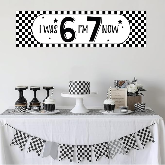 Andaz Press 13x48 Inch 6 7 Birthday Banner Decorations, I Was 6 Now I'm 7 Birthday Banner Black Checkered 67 Happy Birthday Party Banner for Boys or Girls, Home or Party Decor Backdrop Sign