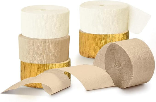 NICROHOME EUR Wedding Decorations, 6 Rolls Ivory White Gold Light Brown Crepe Paper Streamers for Bridal Shower, Birthday Party, Golden Engagement Party, New Year Decorations 82 Ft Long