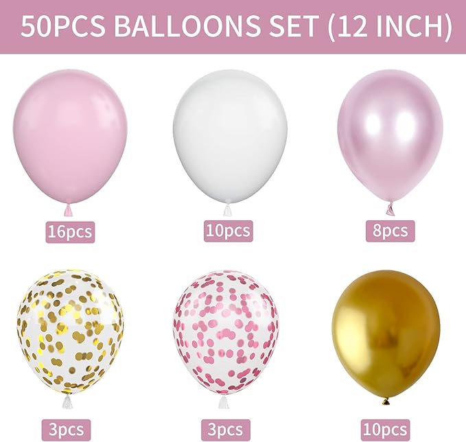 Pink and Gold Balloons, 12 Inch Pink White Metallic Chrome Gold Confetti Pink Latex Balloons with Ribbon Pink Gold Party Balloons Set for Girls Baby Shower Birthday Princess Party Decorations