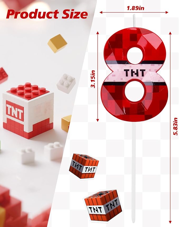 Number 8 Red Pixel Birthday Candle, TNT Themed Birthday Candles for Cake, 2.73 Inch Green Miner Number Candles, Game Themed Candle Birthday Decoration, Red Birthday Cake Topper for Boys Girls Party