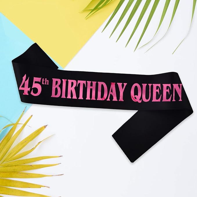 45th Birthday Queen Sash, Pink Foil Black Satin Birthday Sash for Women 45th Fabulous Birthday Party Gift Decorations Favors