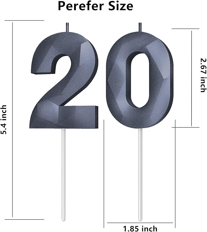 Number Birthday Candles(20 Candle Black) 3D Diamond Shape 20th Happy Birthday Cake Topper Decorations for Boy Men Birthday Wedding Anniversary Celebration Theme Party Supplies