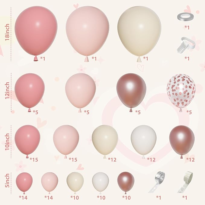 Ouddy Life 156Pcs Boho Blush Pink Balloons Arch Garland Kit, Retro Dusty Pink Mother's Day Balloons Nude Rose Gold Confetti for Girls Baby Shower Weddings Birthday Bachelorette Party Decorations