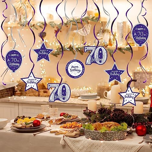 Happy 70th Birthday Purple & Silver Glitter Swirls Streamers Party Decorations - 15 Pcs 70th Birthday Hanging Swirls Streamers Kit,Cheers to Seventy Years Old Bday Party Sign.