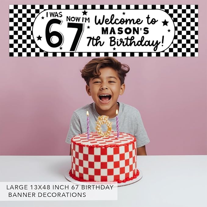Andaz Press 13x48 Inch Custom 6 7 Birthday Banner Decorations, Personalized Birthday Banner with Custom Name, Black and White Checkered 67 Happy Birthday Party Banner for Boys, Home or Party Décor