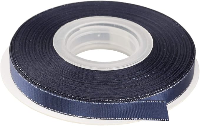 3/8" Double Face Satin Ribbon with Silver Edge 25 Yards (370-Navy), Set for Gift Wrapping, Party Decor, Wedding and Craft