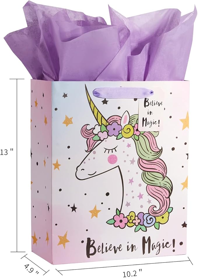 Bobobag 13" Large Gift Bag with Tissue Paper for Girls happy Birthday gift bags (Unicorn)