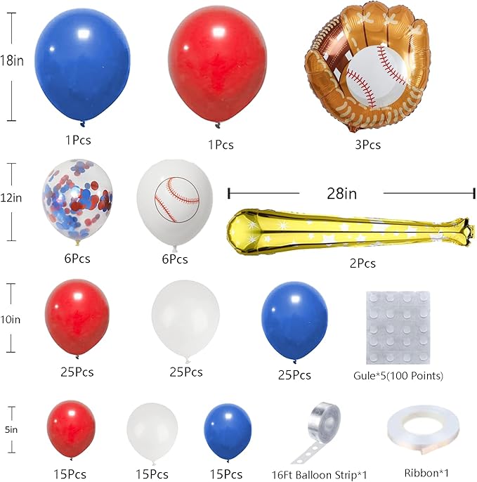 AobkDeco Baseball Balloon Garland Arch Kit Baseball Party Decorations with 143pcs Red White Blue Confetti Latex Balloons Baseball Foil Balloons for Baseball Theme Birthday Party Supplies Baby Shower