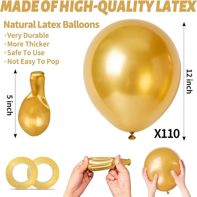 110pcs Metallic Gold Balloons, Metallic Gold Latex Balloons 12 inch, Gold Balloon for Birthday Party Baby Shower Wedding(with 2 Ribbons).