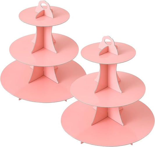 Soleebee 3-Tier Round Cupcake Stand, Cardboard Cupcake Tower, Dessert Cup Cake Stand Tower for Birthday Wedding Party Decoration, Cupcake Tier Stand 2 Set (Pink)