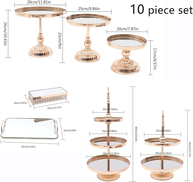 Set of 10 Pieces Metal Cake Stands, Round Cake Stands, Square Candy Fruite Display Plate, Cupcake Serving Tower, for Tea Party, Birthday, Wedding, Anniversary, Celebration, Home Decor