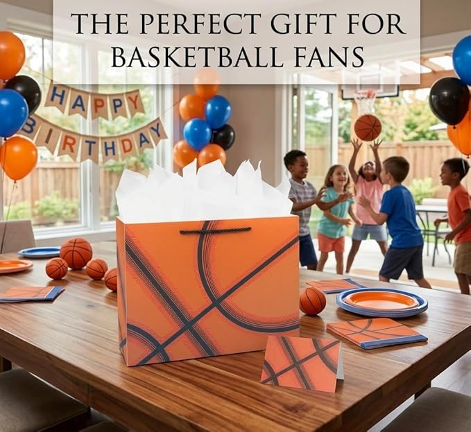 Oletx 13” Basketball Party Favor Gift Bags, Large Basketball Gift Wrapping Bag with Tissue Paper for Sports Party Birthday Goodie Gifts Treat Wrapping Bags