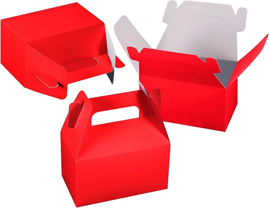 XAGLVV 24 Pack Red Cardboard Gable Boxes with Handles,Treat Goodie Party Favor Gift Box for Wedding, Birthday, Baby Shower and Any Theme Party