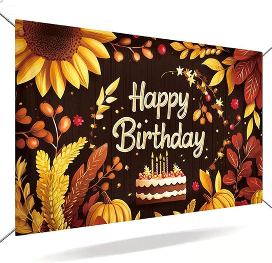 Happy Birthday Porch Banner 71x43 Inch, Large Autumn Theme Backdrop with Sunflowers ActFirst Pumpkins Leaves and Cake, Birthday Party Decorations for Indoor Outdoor Yard Patio