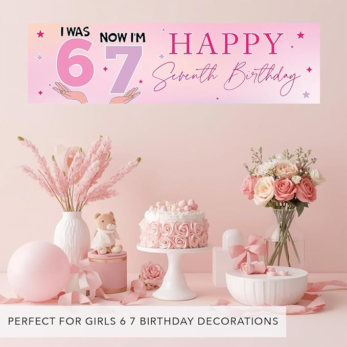 Andaz Press 13x48 Inch 6 7 Birthday Banner Decorations, I Was 6 Now I'm 7 Birthday Banner Pastel Purple Pink 67 Happy Birthday Party Banner for Girls, Home or Party Decor Backdrop Sign with Adhesive