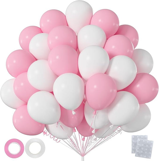 60pcs Pink and White Balloons, 12 Inch Pastel Pink White Balloons for Girl Baby Shower Bridal Shower Girls Princess Birthday Sweet 16 Wedding Party Decorations (with Ribbons & Glues)