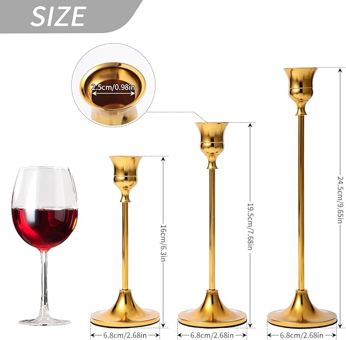 Xinhongfei 3-Piece Gold Candlestick Holder Set - Vintage-Modern Table Centerpiece for Weddings, Mantels, Home Decor Taper Candle Stands & Housewarming Gift