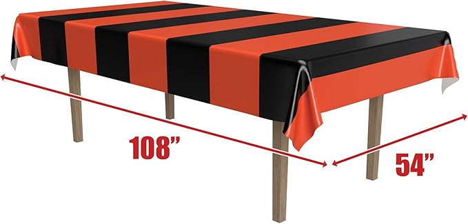 Beistle Orange & Black Stripes Tablecovers, 54” x 108”, 2 Pieces – Plastic Table Cloth, Rectangular Tablecloth, Holiday Tablecloth, Halloween Plastic Tablecloth, Halloween Decorations