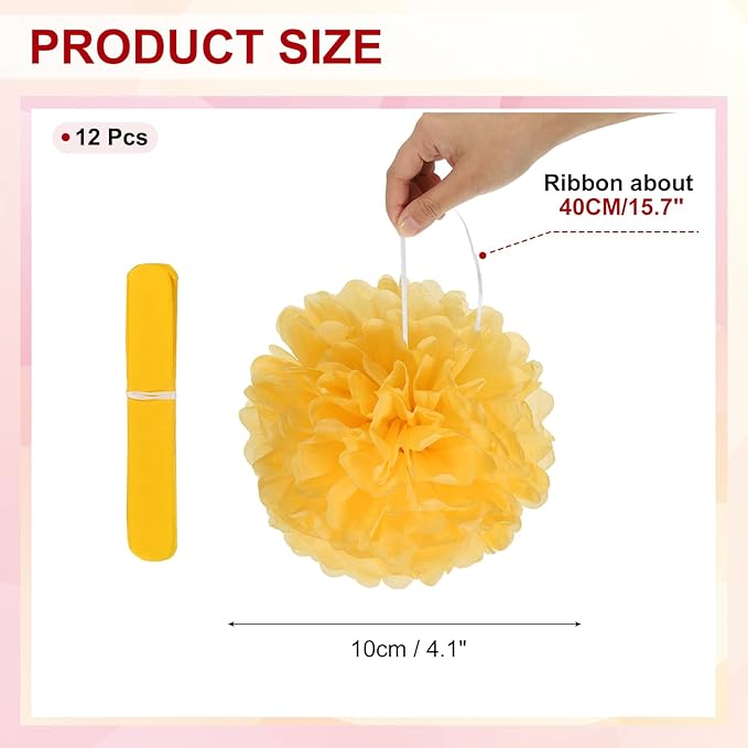 PATIKIL 4inch Tissue Paper Pom Poms, 12PCS Pom Poms Paper Flowers Ball Tissue Paper Flowers for Wedding Bridal Shower Birthday Bachelorette Party Backdrop Decoration, Yellow
