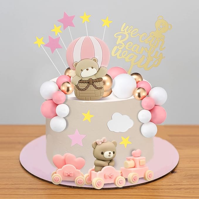 Yinder Bear Cake Toppers Mini Bear Cake Decorations Cake Toppers Gold White Pearl Ball for Birthday Party Decorations(Pink, Brown,Vivid Style)